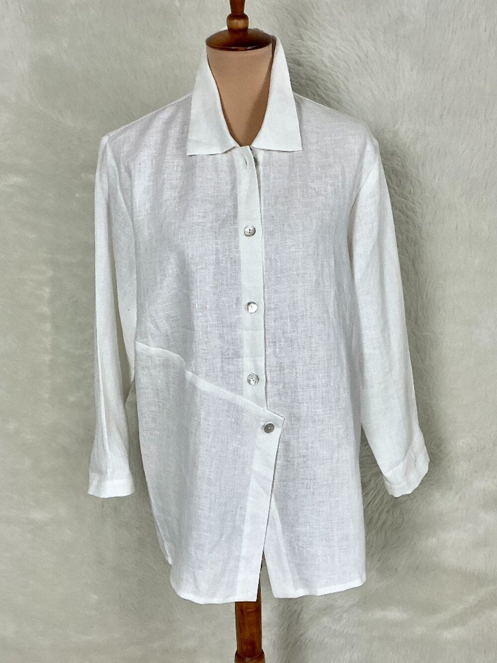 Christopher Calvin White Long Sleeve Asymmetrical Linen Button Front Shirt NWT M